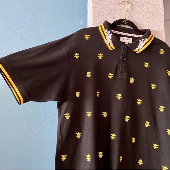 RS1NE Men's 3XL Black Bug Bumblebee Polo Shirt Embroidered Band Sleeves - Picture 5 of 10